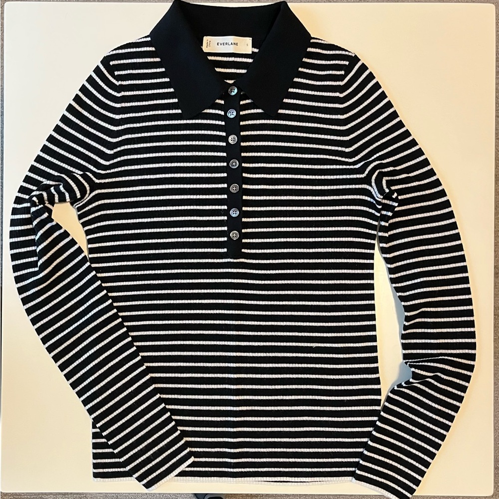 Everlane 100% Merino Wool Polo Sweater – Black & Ivory Stripe
